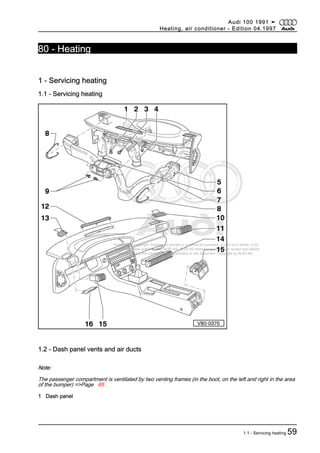 Protected by copyright. Copying for private or commercial purposes, in part or in whole, is not
permitted unless authorised by AUDI AG. AUDI AG does not guarantee or accept any liability
with respect to the correctness of information in this document. Copyright by AUDI AG.
80 - Heating
1 - Servicing heating
1.1 - Servicing heating
1.2 - Dash panel vents and air ducts
Note:
The passenger compartment is ventilated by two venting frames (in the boot, on the left and right in the area
of the bumper) =>Page 65 .
1 Dash panel
Audi 100 1991 ➤
Heating, air conditioner - Edition 04.1997
1.1 - Servicing heating 59
 