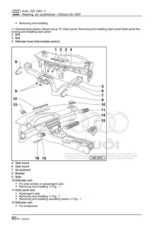 Protected by copyright. Copying for private or commercial purposes, in part or in whole, is not
permitted unless authorised by AUDI AG. AUDI AG does not guarantee or accept any liability
with respect to the correctness of information in this document. Copyright by AUDI AG.
◆ Removing and installing
=> General body repairs; Repair group 70; Dash panel; Removing and installing dash panel Dash panel Re‐
moving and installing dash panel
2 Bolt
3 Bolt
4 Defroster hose (intermediate section)
5 Seal mount
6 Seal mount
7 Air duct/vent
8 Bracket
9 Bolts
10 Defroster vent
◆ For side window on passenger's side
◆ Removing and installing => Fig. 1
11 Dash panel vent
◆ Passenger's side
◆ Removing and installing => Fig. 2
◆ Removing and installing swivelling inserts => Fig. 7
12 Defroster vent
◆ For windscreen
Audi 100 1991 ➤
Heating, air conditioner - Edition 04.1997
6080 - Heating
 