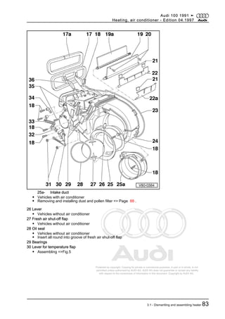 Protected by copyright. Copying for private or commercial purposes, in part or in whole, is not
permitted unless authorised by AUDI AG. AUDI AG does not guarantee or accept any liability
with respect to the correctness of information in this document. Copyright by AUDI AG.
25a- Intake duct
◆ Vehicles with air conditioner
◆ Removing and installing dust and pollen filter => Page 88 .
26 Lever
◆ Vehicles without air conditioner
27 Fresh air shut-off flap
◆ Vehicles without air conditioner
28 Oil seal
◆ Vehicles without air conditioner
◆ Insert all round into groove of fresh air shut-off flap
29 Bearings
30 Lever for temperature flap
◆ Assembling =>Fig.5
Audi 100 1991 ➤
Heating, air conditioner - Edition 04.1997
3.1 - Dismantling and assembling heater 83
 