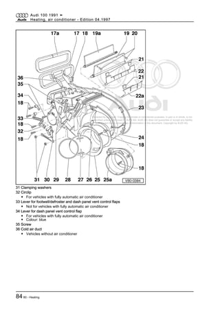 Protected by copyright. Copying for private or commercial purposes, in part or in whole, is not
permitted unless authorised by AUDI AG. AUDI AG does not guarantee or accept any liability
with respect to the correctness of information in this document. Copyright by AUDI AG.
31 Clamping washers
32 Circlip
◆ For vehicles with fully automatic air conditioner
33 Lever for footwell/defroster and dash panel vent control flaps
◆ Not for vehicles with fully automatic air conditioner
34 Lever for dash panel vent control flap
◆ For vehicles with fully automatic air conditioner
◆ Colour: blue
35 Screw
36 Cold air duct
◆ Vehicles without air conditioner
Audi 100 1991 ➤
Heating, air conditioner - Edition 04.1997
8480 - Heating
 