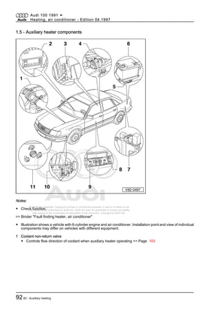 Protected by copyright. Copying for private or commercial purposes, in part or in whole, is not
permitted unless authorised by AUDI AG. AUDI AG does not guarantee or accept any liability
with respect to the correctness of information in this document. Copyright by AUDI AG.
1.5 - Auxiliary heater components
Notes:
◆ Check function.
=> Binder "Fault finding heater, air conditioner"
◆ Illustration shows a vehicle with 6-cylinder engine and air conditioner. Installation point and view of individual
components may differ on vehicles with different equipment.
1 Coolant non-return valve
◆ Controls flow direction of coolant when auxiliary heater operating => Page 103
Audi 100 1991 ➤
Heating, air conditioner - Edition 04.1997
9282 - Auxiliary heating
 