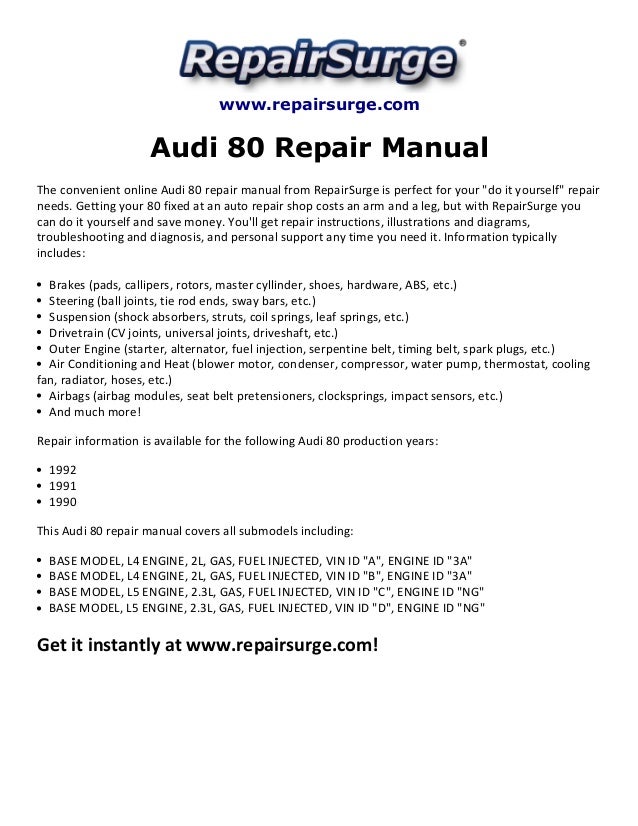Audi 80 repair manual 1990 1992