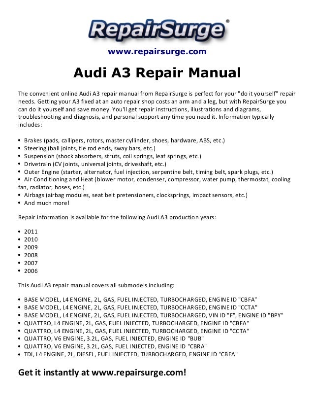 Audi A3 Diesel Workshop Manual