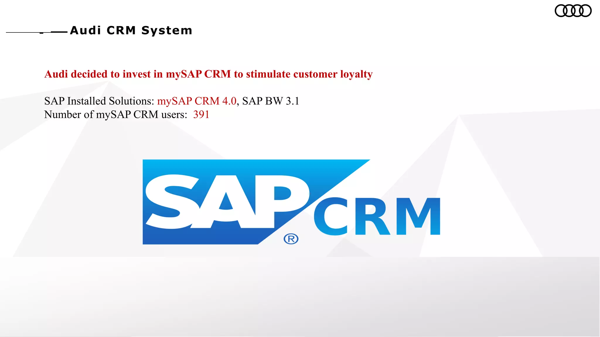 Audi CRM System
Audi decided to invest in mySAP CRM to stimulate customer loyalty
SAP Installed Solutions: mySAP CRM 4.0, SAP BW 3.1
Number of mySAP CRM users: 391
 