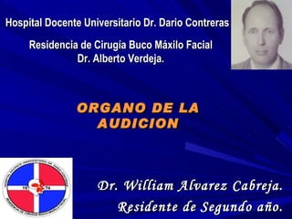 Hospital Docente Universitario Dr. Dario Contreras Dr. William Alvarez Cabreja. Residente de Segundo año. Residencia de Cirugía Buco Máxilo Facial Dr. Alberto Verdeja. ORGANO DE LA AUDICION 