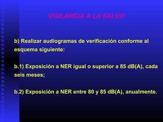 VIGILANCIA A LA SALUD
b) Realizar audiogramas de verificación conforme al
esquema siguiente:
b.1) Exposición a NER igual o superior a 85 dB(A), cada
seis meses;
b.2) Exposición a NER entre 80 y 85 dB(A), anualmente.
 