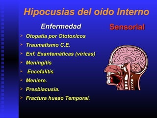Hipocusias del oído Interno
EnfermedadEnfermedad
 Otopatia por OtotoxicosOtopatia por Ototoxicos
 Traumatismo C.E.Traumatismo C.E.
 Enf. Exantemáticas (víricas)Enf. Exantemáticas (víricas)
 MeningitisMeningitis
 EncefalitisEncefalitis
 Meniere.Meniere.
 Presbiacusia.Presbiacusia.
 Fractura hueso Temporal.Fractura hueso Temporal.
SensorialSensorial
 
