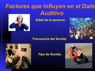 Factores que influyen en el Daño
Auditivo
Frecuencia del Sonido
Tipo de Sonido.
Edad de la persona .
 