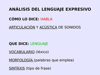 ANÁLISIS DEL LENGUAJE EXPRESIVO CÓMO LO DICE:  HABLA  ARTICULACIÓN  Y  ACÚSTICA  DE SONIDOS QUE DICE:  LENGUAJE VOCABULARIO  (léxico) MORFOLOGÍA  (palabras que emplea) SINTÁXIS  (tipo de frase) 
