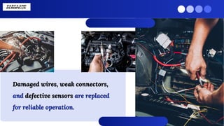 Damaged wires, weak connectors,
and defective sensors are replaced
for reliable operation.
Damaged wires, weak connectors,
and defective sensors are replaced
for reliable operation.
 