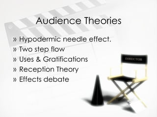 Audience Theories Hypodermic needle effect. Two step flow Uses & Gratifications Reception Theory Effects debate 