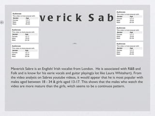 Maverick Sabre  Maverick Sabre is an English/ Irish vocalist from London.  He is associated with R&B and Folk and is know for his eerie vocals and guitar playing(a lot like Laura Whitehart). From the video analysis on Sabres youtube videos, it would appear that he is most popular with males aged between 18 - 34 & girls aged 13-17. This shows that the males who watch the video are more mature than the girls, witch seems to be a continuos pattern. 