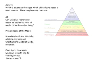 AS Level
Watch 3 adverts and analyse which of Maslow’s needs is
most relevant. There may be more than one
A2
Can Maslow’s Hierarchy of
needs be applied to areas of
media other than advertising?
Pros and cons of the Model
How does Maslow’s Hierarchy
relate to the Uses and
Gratifications Model of Media
reception.
Case study: How would
Maslow’s ideas fit into TV
comedy such as
‘Outnumbered’?
 