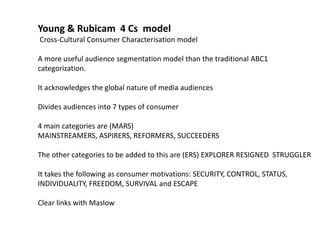Young & Rubicam 4 Cs model
Cross-Cultural Consumer Characterisation model
A more useful audience segmentation model than the traditional ABC1
categorization.
It acknowledges the global nature of media audiences
Divides audiences into 7 types of consumer
4 main categories are (MARS)
MAINSTREAMERS, ASPIRERS, REFORMERS, SUCCEEDERS
The other categories to be added to this are (ERS) EXPLORER RESIGNED STRUGGLER
It takes the following as consumer motivations: SECURITY, CONTROL, STATUS,
INDIVIDUALITY, FREEDOM, SURVIVAL and ESCAPE
Clear links with Maslow
 