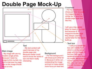 Double Page Mock-Up Crosshead
- For my crosshead I
chose put here because
my magazine want to
similar as ‘Q’ and their
double page style look
like this.
I will use a big capital
letter for base of my main
text because of ‘Q’
magazine double page
they always used big
capital letter for the text to
build up.
Background
- For the background I
will chose pure white for
it. Because it white can
outstanding the image
and text to make reader
more focus on read text.
Text
- My text content will
used interview of my
double page star.
Because reader could
want to know the world of
star and feel it really
interesting.
Main image
- My image will use my
model’s single photo.
Because I need my
image to link my text, my
text is interview my page
star so the image should
focus on she.
Text box
- I will put a small text
box with middle front
which is on the same
page with my image, in
the box I will use a
sentence which is from
my model. Because when
reader see the image
they also can see that
text will increase their
interest.
 
