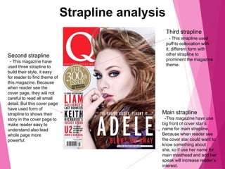 Strapline analysis
Main strapline
-This magazine have use
big front of cover star’s
name for main strapline.
Because when reader see
the cover star could want to
know something about
she, so if use her name for
main masthead and add her
speak will increase reader’s
interest.
Second strapline
- This magazine have
used three strapline to
build their style, it easy
for reader to find theme of
this magazine. Because
when reader see the
cover page, they will not
careful to read all small
detail. But this cover page
have used form of
strapline to shows their
story in the cover page to
make reader easy to
understand also lead
whole page more
powerful.
Third strapline
- This strapline used
puff to collocation with
it, different form with
other strapline to
prominent the magazine
theme.
 
