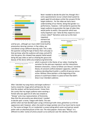 Next I needed to decide the plot line, through this I
sent a questionnaire via our school email systemto
pupils aged 16 and above so that the answers fit the
target audience. For the video we had a basic
understanding of our theme, being that gender is a
performance, however, I still wanted to question the
target audience to guarantee the type of video they
would prefer to watch. One question which was
really important was “what do they expect to see in
a music video?” Narrative came out as the most
important
element but
also dancing
and lip sync , although our music didn’t lend itself to
provocative dancing common in Pop videos, we
considered using a different dancing style. This is why
the question asking the type of dance that suits pop so
that we know what the audience will enjoy and will fit
into the genre, this showed how popular ballet would
being the pop video as well as showing the grace and
beauty of the dance while also emphasising femininity
which is present in the theme of our video. Creating the
narrative for the plot was important and the interactions
between characters, I chose to follow Levi-Strauss’ narrative
theory of constant conflicts between opposites, with the
audience deciding they’d prefer a conflict of passive versus
active. Without these pointers at the beginning of the
process it could have ended in a piece of text that didn’t
draw in our intended audience.
After I decided my song choice and target audience I
had to create the image which will become the star
that the product will be based around. I knew from
the survey that my target audience were wanting a
female who was aged 16-25 who was viewed as
“Strong” and a true representation of femininity.
Now that the personality was determined I needed
to decide upon a name, I began with Stella. This was
perfect when we had decided upon using a Chinese girl with short, gelled hair as it fit her
appearance well, however, when she could no longer partake one of our team had to stand
in. The name no longer fit, so I conducted a survey asking which name each person would
prefer with an attached picture of the star. The most popular choice was “Maiya” it is
different to other names of artists around so no confusion over the identity of the artist
 