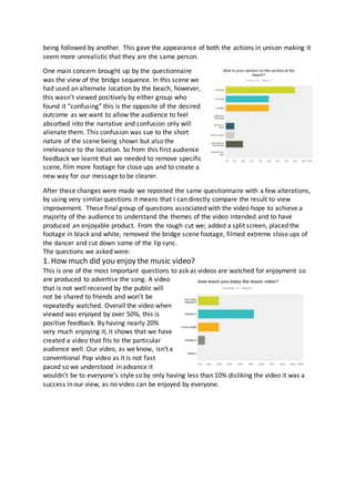 being followed by another. This gave the appearance of both the actions in unison making it
seem more unrealistic that they are the same person.
One main concern brought up by the questionnaire
was the view of the bridge sequence. In this scene we
had used an alternate location by the beach, however,
this wasn’t viewed positively by either group who
found it “confusing” this is the opposite of the desired
outcome as we want to allow the audience to feel
absorbed into the narrative and confusion only will
alienate them. This confusion was sue to the short
nature of the scene being shown but also the
irrelevance to the location. So from this first audience
feedback we learnt that we needed to remove specific
scene, film more footage for close ups and to create a
new way for our message to be clearer.
After these changes were made we reposted the same questionnaire with a few alterations,
by using very similar questions it means that I can directly compare the result to view
improvement. These final group of questions associated with the video hope to achieve a
majority of the audience to understand the themes of the video intended and to have
produced an enjoyable product. From the rough cut we; added a split screen, placed the
footage in black and white, removed the bridge scene footage, filmed extreme close ups of
the dancer and cut down some of the lip sync.
The questions we asked were:
1. How much did you enjoy the music video?
This is one of the most important questions to ask as videos are watched for enjoyment so
are produced to advertise the song. A video
that is not well received by the public will
not be shared to friends and won’t be
repeatedly watched. Overall the video when
viewed was enjoyed by over 50%, this is
positive feedback. By having nearly 20%
very much enjoying it, it shows that we have
created a video that fits to the particular
audience well. Our video, as we know, isn't a
conventional Pop video as it is not fast
paced so we understood in advance it
wouldn't be to everyone's style so by only having less than 10% disliking the video it was a
success in our view, as no video can be enjoyed by everyone.
 