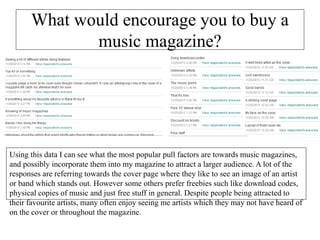 What would encourage you to buy a
music magazine?
Using this data I can see what the most popular pull factors are towards music magazines,
and possibly incorporate them into my magazine to attract a larger audience. A lot of the
responses are referring towards the cover page where they like to see an image of an artist
or band which stands out. However some others prefer freebies such like download codes,
physical copies of music and just free stuff in general. Despite people being attracted to
their favourite artists, many often enjoy seeing me artists which they may not have heard of
on the cover or throughout the magazine.
 