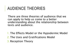 AUDIENCE THEORIES
There are three theories of audience that we
can apply to help us come to a better
understanding about the relationship between
texts and audience.
1. The Effects Model or the Hypodermic Model
2. The Uses and Gratifications Model
3. Reception Theory
 
