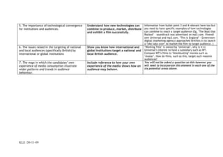 5. The importance of technological convergence      Understand how new technologies can         Information from bullet point 3 and 4 relevant here too but
for institutions and audiences.                     combine to produce, market, distribute      you need to have specific examples of how technologies
                                                    and exhibit a film successfully.            can combine to reach a target audience (Eg, ‘The Boat that
                                                                                                Rocked’ – soundtrack was advertised on mp3.com. Vivendi
                                                                                                own Universal and mp3.com. ‘This is England’ - Greenroom
                                                                                                digital (marketing agency) approached Britfilm.tv to launch
                                                                                                a ‘site take-over’ to market the film to target audience. )
6. The issues raised in the targeting of national   Show you know how international and         ‘Working Title’ is owned by ‘Universal’, why is it in
and local audiences (specifically British) by       global institutions target a national and   Universal’s interest to have a subsidiary such as WT.
international or global institutions                local British audience.                     Compare WT’s films to ‘blockbusting’ movies such as
                                                                                                ‘Avatar’. How do films, such as this, target such massive
                                                                                                audiences?
7. The ways in which the candidates’ own            Include reference to how your own           You will not be asked a question on this however you
experience of media consumption illustrate          experience of the media shows how an        will need to incorporate this element in each one of the
wider patterns and trends in audience               audience may behave.                        six potential areas above.
behaviour.




KLE /30-11-09
 