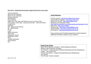 Key Terms – Understand and be able to apply these terms in your exam:

Vertical Integration
Above the line marketing
Below the line marketing                                                    Useful Websites
Synergy marketing
Merchandising                                                               UK Film Council - http://www.ukfilmcouncil.org.uk/
Viral marketing                                                             Internet Movie Database - http://www.imdb.com/
Budget (Low, mid range, big) Research cost of a variety of films            British Film Council - http://www.britfilms.com/
Four quadrant movies (Age – young and old Gender – make and female)         Marketing and distribution of film -
Conglomerate                                                                http://www.screenonline.org.uk/film/distribution/distribution1.html
Subsidiary                                                                  Warp Film - http://warp.net/films
DSN – Digital Screen Network                                                Working Title - http://www.workingtitlefilms.com/
HD – High definition                                                        Avatar website - http://www.avatar-movie.co.uk/
Blu ray
                                                                            St Trinians II - http://www.sttriniansmovie.co.uk/
i-pods
Digital Distribution
35mm reels                                                                  Keep checking all of the Media department’s teacher blogs for
Independent cinema                                                          additional information relevant to your research.
Mainstream cinema
Piracy
‘Orange Wednesdays’
Niche audience
CGI


                                                          Useful Case studies
                                                          Warp Film (Production company) – Shane Meadows (Director)
                                                          Working Title (Production company)
                                                          ‘St Trinians II’ – Ealing Studios (Production)/Entertainment film (Distributors)
                                                          ‘Avatar’ – 20th Century Fox
                                                          ‘Paranormal Activity’ – Amateur filmmaker/Paramount (Distributors)
                                                          Vue Cinema
                                                          ‘The Phoneix’ Cinema Leicester
KLE /30-11-09
 