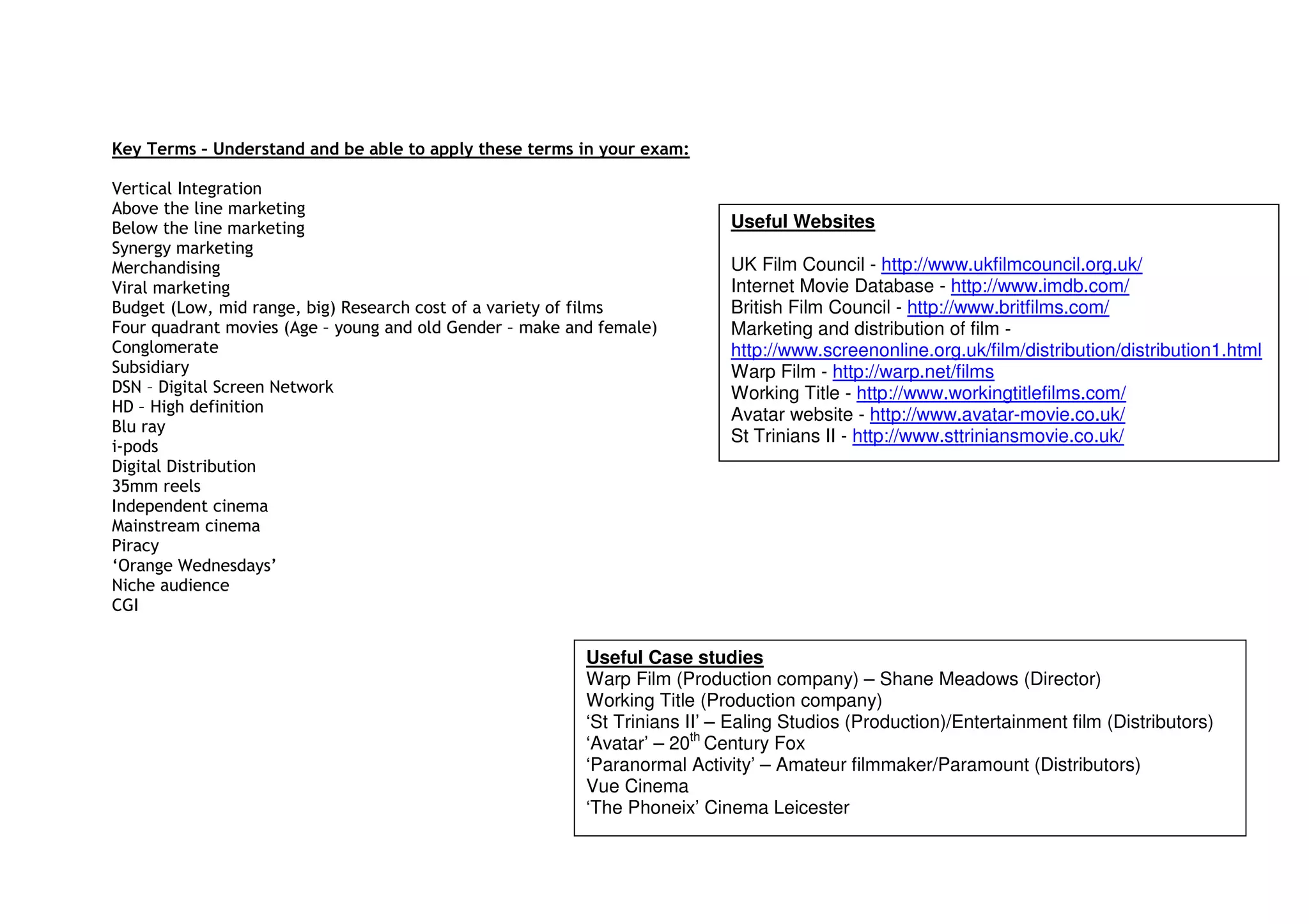 Key Terms – Understand and be able to apply these terms in your exam:

Vertical Integration
Above the line marketing
Below the line marketing                                                    Useful Websites
Synergy marketing
Merchandising                                                               UK Film Council - http://www.ukfilmcouncil.org.uk/
Viral marketing                                                             Internet Movie Database - http://www.imdb.com/
Budget (Low, mid range, big) Research cost of a variety of films            British Film Council - http://www.britfilms.com/
Four quadrant movies (Age – young and old Gender – make and female)         Marketing and distribution of film -
Conglomerate                                                                http://www.screenonline.org.uk/film/distribution/distribution1.html
Subsidiary                                                                  Warp Film - http://warp.net/films
DSN – Digital Screen Network                                                Working Title - http://www.workingtitlefilms.com/
HD – High definition                                                        Avatar website - http://www.avatar-movie.co.uk/
Blu ray
                                                                            St Trinians II - http://www.sttriniansmovie.co.uk/
i-pods
Digital Distribution
35mm reels
Independent cinema
Mainstream cinema
Piracy
‘Orange Wednesdays’
Niche audience
CGI


                                                          Useful Case studies
                                                          Warp Film (Production company) – Shane Meadows (Director)
                                                          Working Title (Production company)
                                                          ‘St Trinians II’ – Ealing Studios (Production)/Entertainment film (Distributors)
                                                          ‘Avatar’ – 20th Century Fox
                                                          ‘Paranormal Activity’ – Amateur filmmaker/Paramount (Distributors)
                                                          Vue Cinema
                                                          ‘The Phoneix’ Cinema Leicester
 