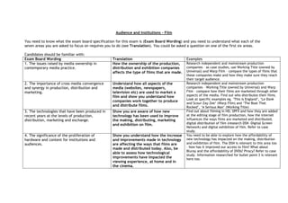 Audience and Institutions – Film

You need to know what the exam board specification for this exam is (Exam Board Wording) and you need to understand what each of the
seven areas you are asked to focus on requires you to do (see Translation). You could be asked a question on one of the first six areas.

Candidates should be familiar with:
Exam Board Wording                                Translation                                Examples
1. The issues raised by media ownership in        How the ownership of the production,       Research independent and mainstream production
contemporary media practice.                      distribution and exhibition companies      companies – as case studies, use Working Title (owned by
                                                  affects the type of films that are made.   Universal) and Warp Film – compare the types of films that
                                                                                             these companies make and how they make sure they reach
                                                                                             their target audience.
2. The importance of cross media convergence      Understand how all aspects of the          Research independent and mainstream production
and synergy in production, distribution and       media (websites, newspapers,               companies – Working Title (owned by Universal) and Warp
marketing.                                        television etc) are used to market a       Film – compare how their films are marketed through other
                                                  film and show you understand how           aspects of the media. Find out who distributes their films.
                                                                                             Look at specific examples eg. ‘This is England’, ‘Le Donk
                                                  companies work together to produce
                                                                                             and Scour-Zay-Zee’ (Warp Film) and ‘The Boat That
                                                  and distribute films.                      Rocked’, ‘A Serious Man’ (Working Title)
3. The technologies that have been produced in    Show you are aware of how new              Find out about filming in HD, SPFX and how they are added
recent years at the levels of production,         technology has been used to improve        at the editing stage of film production, how the internet
distribution, marketing and exchange.             the making, distributing, marketing        influences the ways films are marketed and distributed,
                                                  and exhibition on film.                    digital distribution of film (research DSN -Digital Screen
                                                                                             Network) and digital exhibition of film. Refer to case
                                                                                             study.
4. The significance of the proliferation of       Show you understand how the increase       You need to be able to explore how the affordability of
hardware and content for institutions and         and improvements made in technology        new technology has impacted on the making, distribution
audiences.                                        are affecting the ways that films are      and exhibition of film. The DSN is relevant to this area too
                                                  made and distributed today. Also, be       – how has it improved our access to film? What about
                                                                                             Bluray and the affordability of DVDs? Piracy? Refer to case
                                                  able to assess how technological
                                                                                             study. Information researched for bullet point 3 is relevant
                                                  improvements have impacted the             here too.
                                                  viewing experience, at home and in
                                                  the cinema.
 