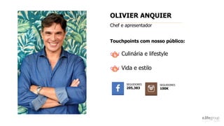 OLIVIER ANQUIER
Chef e apresentador
Touchpoints com nosso público:
Culinária e lifestyle
Vida e estilo
SEGUIDORES
205,383
SEGUIDORES
100K