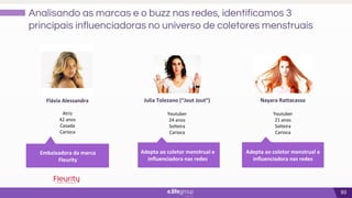93
Julia Tolezano (“Jout Jout”)
Youtuber
24 anos
Solteira
Carioca
Analisando as marcas e o buzz nas redes, identificamos 3
principais influenciadoras no universo de coletores menstruais
Nayara Rattacasso
Youtuber
21 anos
Solteira
Carioca
Adepta ao coletor menstrual e
influenciadora nas redes
Adepta ao coletor menstrual e
influenciadora nas redes
Flávia Alessandra
Atriz
42 anos
Casada
Carioca
Embaixadora da marca
Fleurity