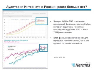 Аудитория Интернета в России: роста больше нет?
• Замеры ФОМ и TNS показывают
одинаковый феномен – роста объѐма
интернет-аудитории России за
прошедший год (Зима 2013 – Зима
2014) не отмечено.
• Этот феномен свойственен как для
городской России в целом, так и для
крупных городов в частности.
Source: ФОМ, TNS
 
