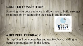 5.BETTER CONNECTION:
Knowing who your audience is allows you to build stronger
relationships by addressing their needs and interests
6.HELPFUL FEEDBACK:
It improves how you gather and use feedback, leading to
better communication in the future.
 