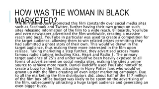 HOW WAS THE WOMAN IN BLACK
MARKETED?The film distributors promoted this film constantly over social media sites
such as Facebook and Twitter, further having their own group on such
sites releasing information of the film to a wide reach. Billboards, YouTube
and even newspaper advertised the film worldwide, creating a massive
reach and buzz. YouTube in particular was used to create a competition for
the target audience, allowing them to win related prizes permitting they
had submitted a ghost story of their own. This would’ve drawn in the
target audience, thus making them more interested in the film upon
release. Taking marketing a step further, they advertised across many
famous radio stations including Kiss, Heart and Radio 1. The primary
target audience of 25’s and under would’ve been heavily exposed to all
forms of advertisement on social media sites, making the sites a prime
source to achieve more reach. Daniel Radcliffe used YouTube himself to
create a buzz for the film, attracting in Harry Potter fans who would’ve
grown up with the films creating an even larger marketing campaign. Due
to all the marketing the film distributors did, about half of the $17 million
of the film box office budget was likely to be spent on the advertising of
the film, subsequently attracting a huge target audience and generating an
even bigger buzz.
 