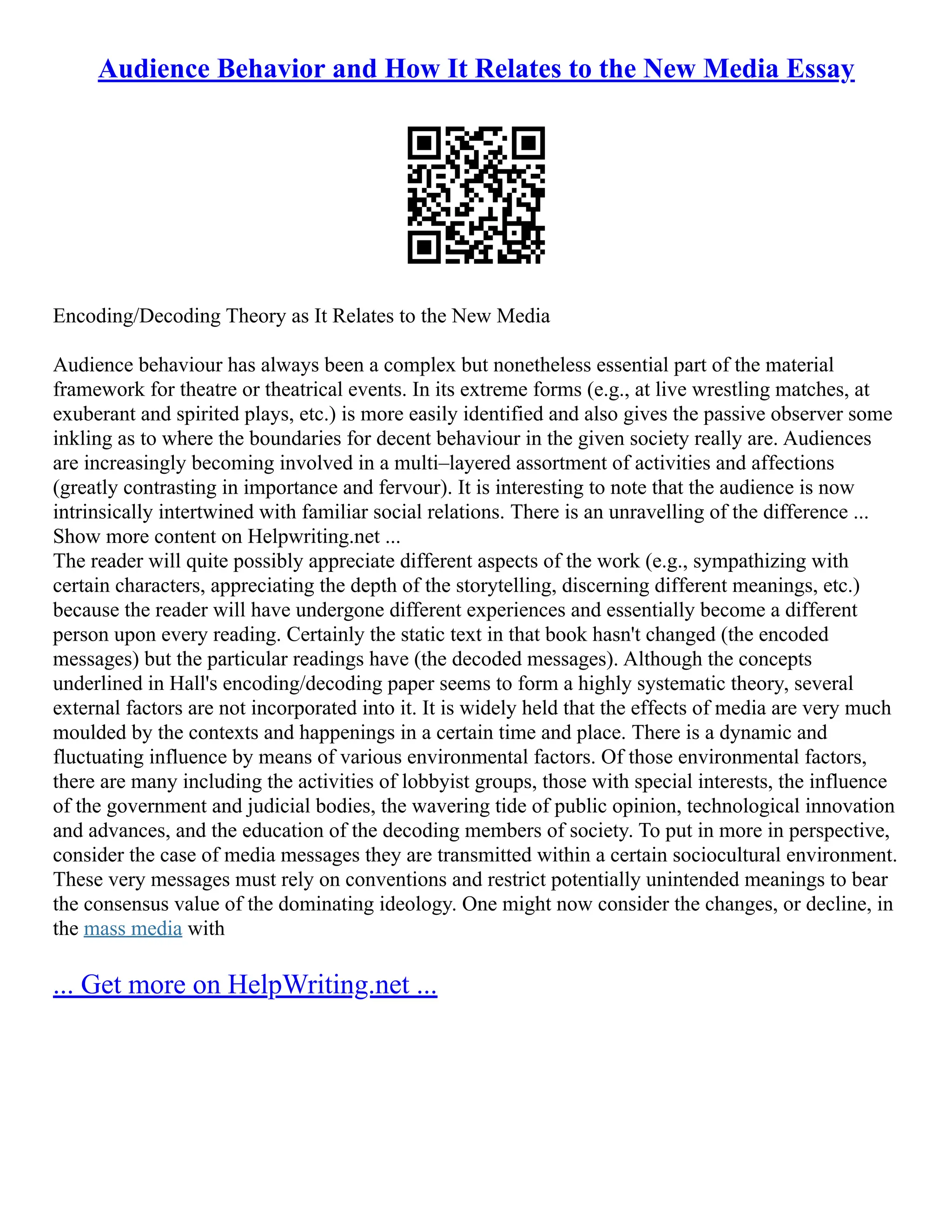 Audience Behavior And How It Relates To The New Media Essay PDF