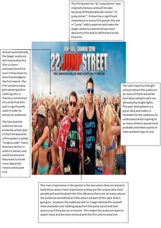 The filmposterfor“22 JumpStreet “was
originallyfamousandwell-known
because of the blockbustermovie “21
jumpstreet“. Colourhasa significant
importance ineveryfilm poster;the red
in“jump” adds suspense andmake the
target audience wanttoknow more
aboutthisfilmandits difference tothe
firstfilm.
Almostautomatically
the target audience
will realisethatthis
filmisa teen
comedy/chickflick
evenif theyhave no
priorknowledge to
the firstmovie. The
filmcontainsmany
girlswearingbikini
clothing;thisis
mainlya convention
of a chickflick film
and issignificantly
usedinorderto
attract an audience.
The fact that the
audience donot
knowthe whole plot
of the filmbasedon
a filmposteriscalled
“enigmacode”many
directorsdothisin
orderto attract and
audience because
theywantto know
more about the
movie anditsplot
line .
The main importance inthisposteris the twoactors that are present;
boththese actors have importance astheyare the reasonwhy most
people willwanttowatchthe film. Because there are somanycolours
the audience wouldfeel asif the actors are part of the part thatis
goingon , howeverthe audience will no longerbelieve thisasboth
male charactersare lookingawayfromthe party scene andlook
anxiousasif theyare on a mission.Thismakesthe audience wantto
watch more and be more enticedwiththe filmanditsstoryline .
The vast majorityof bright
colours attract the audience
as many of themwouldbe
teenboysand girlswho are
attractedby brightlights.
The part atmosphere isa
great ideaandmakes it
relatable forthe audience to
understandwhatisgoingon
as many of themwouldmost
probablyattended apartyor
have wantedtogo to one.
 