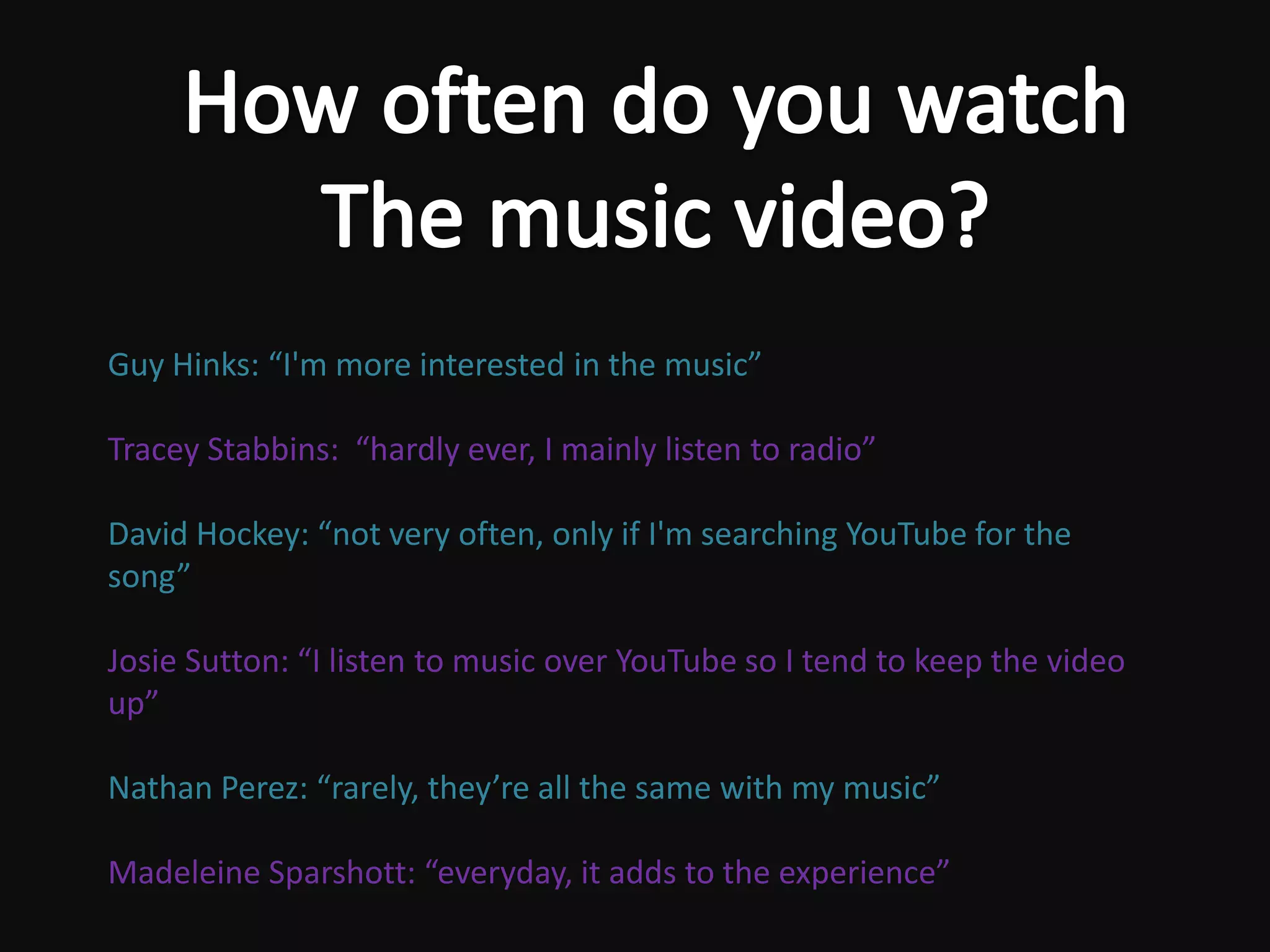 Guy Hinks: “I'm more interested in the music”

Tracey Stabbins: “hardly ever, I mainly listen to radio”

David Hockey: “not very often, only if I'm searching YouTube for the
song”

Josie Sutton: “I listen to music over YouTube so I tend to keep the video
up”

Nathan Perez: “rarely, they’re all the same with my music”

Madeleine Sparshott: “everyday, it adds to the experience”
 