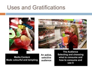 Uses and Gratifications
Media Content
Made colourful and tempting
The Audience
Selecting and choosing
what to consume and
how to consume and
use it
An active,
selective
audience
 