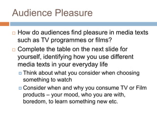Audience Pleasure
 How do audiences find pleasure in media texts
such as TV programmes or films?
 Complete the table on the next slide for
yourself, identifying how you use different
media texts in your everyday life
 Think about what you consider when choosing
something to watch
 Consider when and why you consume TV or Film
products – your mood, who you are with,
boredom, to learn something new etc.
 