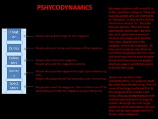 My target audience will mainly fit in
to the spectators category. These are
basically people who are referred to
as “followers” as they tend to follow
the trend or what is “in”. Basically
they are aspirers. They do this by
wearing the clothes worn by their
stars as it gives them a sense of
stardom and makes them feel like
their stars. Also people in this
category want to be successful . As
they want society to view them as
rich influential people like their icons
and stars they tend to wear designer
brands and have expensive gadgets
which are ways in which they aspire
to be like their stars.
As you can see from these
psychodynamics, my audience could
be a free form of advertising. This is if
some of my target audience fit in to
the category of the creators and
critics, they could target people with
a joiners personality increasing the
market. Although my main target
audience will be spectators I am sure
their will be some people who fit in
to the other categories.
PSHYCODYNAMICS
 
