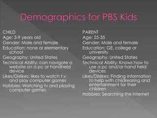 CHILD
Age: 3-9 years old
Gender: Male and female
Education: none or elementary
school
Geography: United States
Technical Ability: can navigate a
website on a pc or handheld
device
Likes/Dislikes: likes to watch t.v.
and play computer games
Hobbies: Watching tv and playing
computer games
PARENT
Age: 25-35
Gender: Male and female
Education: GE, college or
university
Geography: United States
Technical Ability: Knows how to
use a pc and/or hand held
devices
Likes/Dislikes: Finding information
to help with childrearing and
entertainment for their
children
Hobbies: Searching the internet
 
