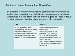 Audience research – results -  Qualitative Below is the focus groups view to the controversial documentary as well as their views on the socially vibrant documentary about drugs. Displaying it in a like-dislike table as shown is good as i need to focus on what to construct and what not to construct for my product.   Like Dislike The mystery of it all. Interesting, and lots to watch. The documentary was straight to the point in the intro. The music was good and relevant to the subject matter. Representing facts in a biased way. Annoying voice of the presenter.( not inviting) Could not relate to the subject matter in any way so felt not involved. Boring and slow paced intro (over 3 mins before the titles sequence). 