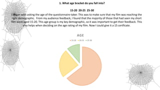 1. What age bracket do you fall into?
15-20 20-25 25-30
I began with asking the age of the questionnaire-taker. This was to make sure that my film was reaching the
right demographic. From my audience feedback, I found that the majority of those that had seen my short
film were aged 15-20. This age group is my key demographic, so it was important to get their feedback. This
also helps when deciding on the age rating of my film. Now I could give it a 15 certficate.
AGE
15-20 20-25 25-30
 