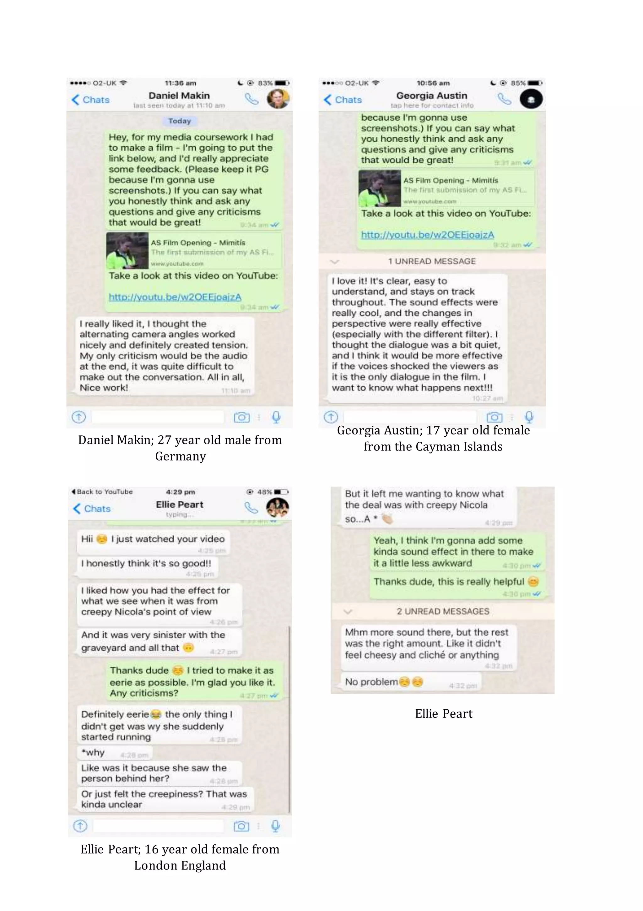 Daniel Makin; 27 year old male from
Germany
Georgia Austin; 17 year old female
from the Cayman Islands
Ellie Peart; 16 year old female from
London England
Ellie Peart