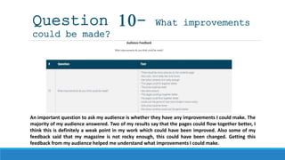 Question 10- What improvements
could be made?
An important question to ask my audience is whether they have any improvements I could make. The
majority of my audience answered. Two of my results say that the pages could flow together better, I
think this is definitely a weak point in my work which could have been improved. Also some of my
feedback said that my magazine is not rocky enough, this could have been changed. Getting this
feedback from my audience helped me understand what improvements I could make.
 
