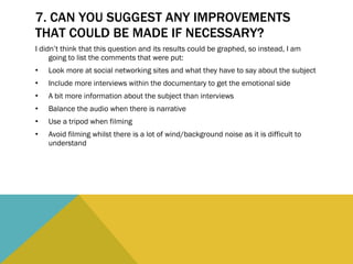 7. CAN YOU SUGGEST ANY IMPROVEMENTS THAT COULD BE MADE IF NECESSARY?  I didn’t think that this question and its results could be graphed, so instead, I am going to list the comments that were put: Look more at social networking sites and what they have to say about the subject Include more interviews within the documentary to get the emotional side A bit more information about the subject than interviews Balance the audio when there is narrative Use a tripod when filming Avoid filming whilst there is a lot of wind/background noise as it is difficult to understand 