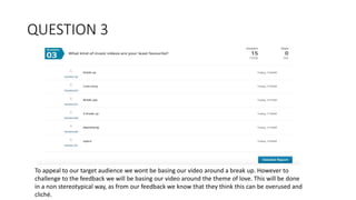 QUESTION 3
To appeal to our target audience we wont be basing our video around a break up. However to
challenge to the feedback we will be basing our video around the theme of love. This will be done
in a non stereotypical way, as from our feedback we know that they think this can be overused and
cliché.
 