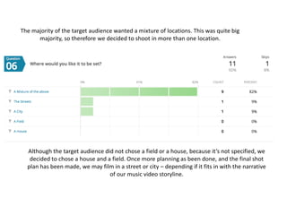 The majority of the target audience wanted a mixture of locations. This was quite big
majority, so therefore we decided to shoot in more than one location.
Although the target audience did not chose a field or a house, because it’s not specified, we
decided to chose a house and a field. Once more planning as been done, and the final shot
plan has been made, we may film in a street or city – depending if it fits in with the narrative
of our music video storyline.
 