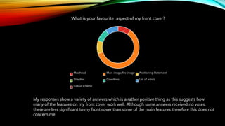 What is your favourite aspect of my front cover?
Masthead Main image/fire image Positioning Statement
Strapline Coverlines List of artists
Colour scheme
My responses show a variety of answers which is a rather positive thing as this suggests how
many of the features on my front cover work well. Although some answers received no votes,
these are less significant to my front cover than some of the main features therefore this does not
concern me.
 