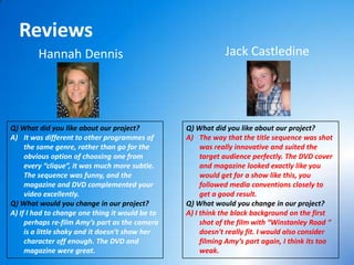 Reviews
        Hannah Dennis                                        Jack Castledine




Q) What did you like about our project?          Q) What did you like about our project?
A) It was different to other programmes of       A) The way that the title sequence was shot
     the same genre, rather than go for the           was really innovative and suited the
     obvious option of choosing one from              target audience perfectly. The DVD cover
     every “clique”, it was much more subtle.         and magazine looked exactly like you
     The sequence was funny, and the                  would get for a show like this, you
     magazine and DVD complemented your               followed media conventions closely to
     video excellently.                               get a good result.
Q) What would you change in our project?         Q) What would you change in our project?
A) If I had to change one thing it would be to   A) I think the black background on the first
     perhaps re-film Amy’s part as the camera         shot of the film with “Winstanley Road “
     is a little shaky and it doesn’t show her        doesn't really fit. I would also consider
     character off enough. The DVD and                filming Amy’s part again, I think its too
     magazine were great.                             weak.
 