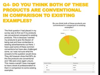 Q4- DO YOU THINK BOTH OF THESE
PRODUCTS ARE CONVENTIONAL
IN COMPARISON TO EXISTING
EXAMPLES?
The final question I had placed in my
survey was to find out if my products
are conventional compared to existing
products. This is because I wanted
my products to give the illusion of
being real and have similarities to
existing advertisements out there. I
have used some of these common
conventions but have also challenged
some, so I was not sure what the
answers to this question would show.
They did however show that 90% do
this the products are conventional
and 10& were once again unsure.
This means overall I have managed
to have a level of professionalism to
them in comparison to some existing
examples.
 